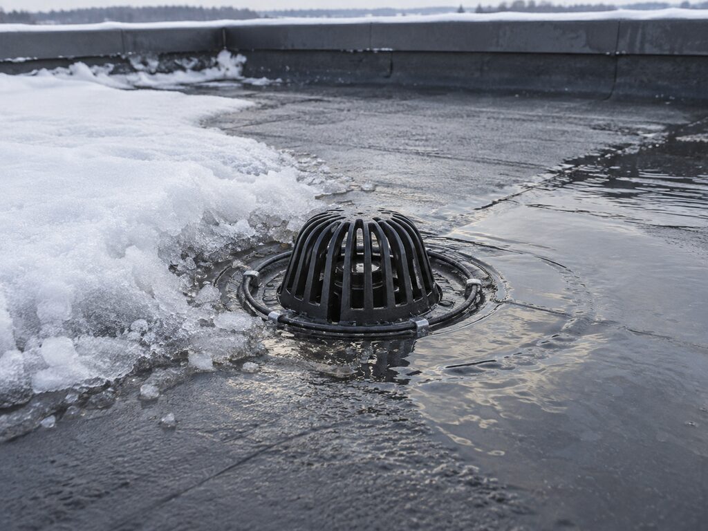 водосточная воронка плоской кровли зимой